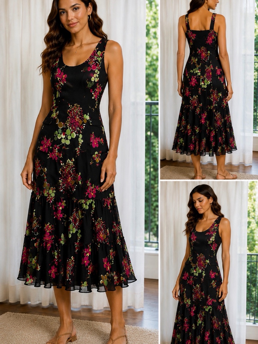 Jones New York Black Floral Tiered Maxi Skirt with Pink & Green Accents